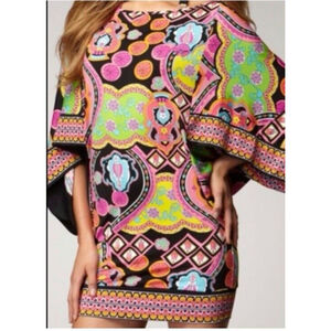 TRINA TURK mini dress bathing suit cover up flare sleeves pink green size small